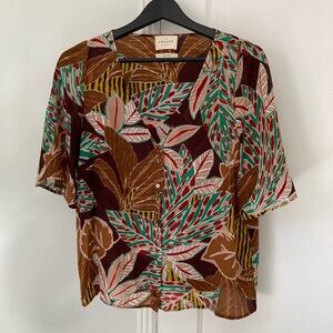Sezane Tropical Silk V Neck Button-up Short Sleeve Flowy Top Size 38